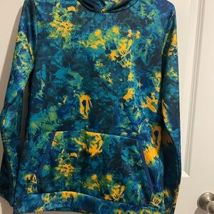 Under Armour Teal, Navy & Yellow Camo Performance Hoodie Kids Sz YXL fleece line